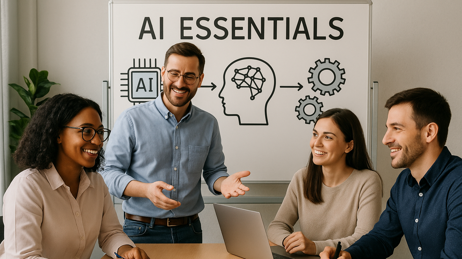 People in a workplace discussing about AI essentials-1