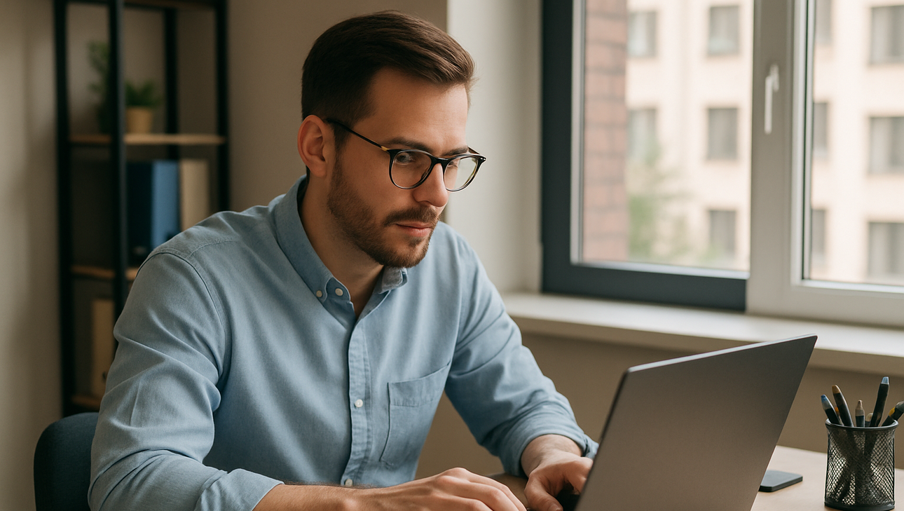 a person in a job working on his computer image sizes is 860 in height-1-1